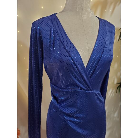 Symphony Vtg Y2K Mirror Sequin Sparkle Tulip Hem Faux Wrap Dress Size M Blue - Picture 5 of 10